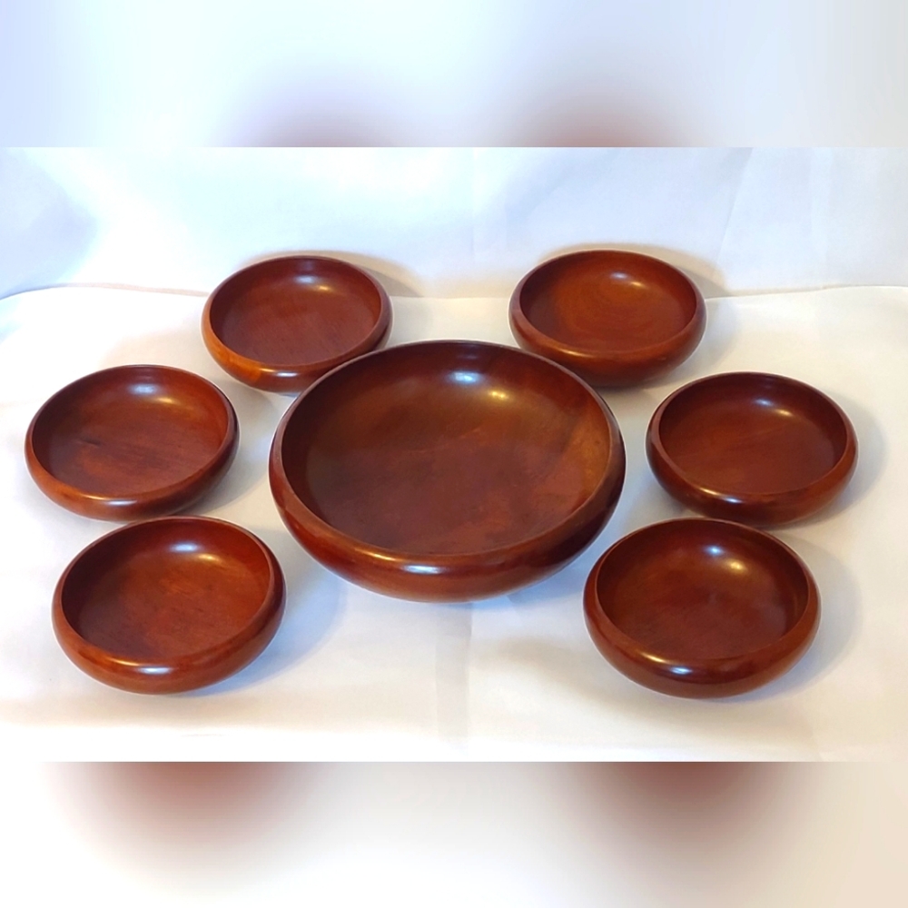 Vintage Mid-Century Handmade Wooden Salad Bowl Set (7 Pc)